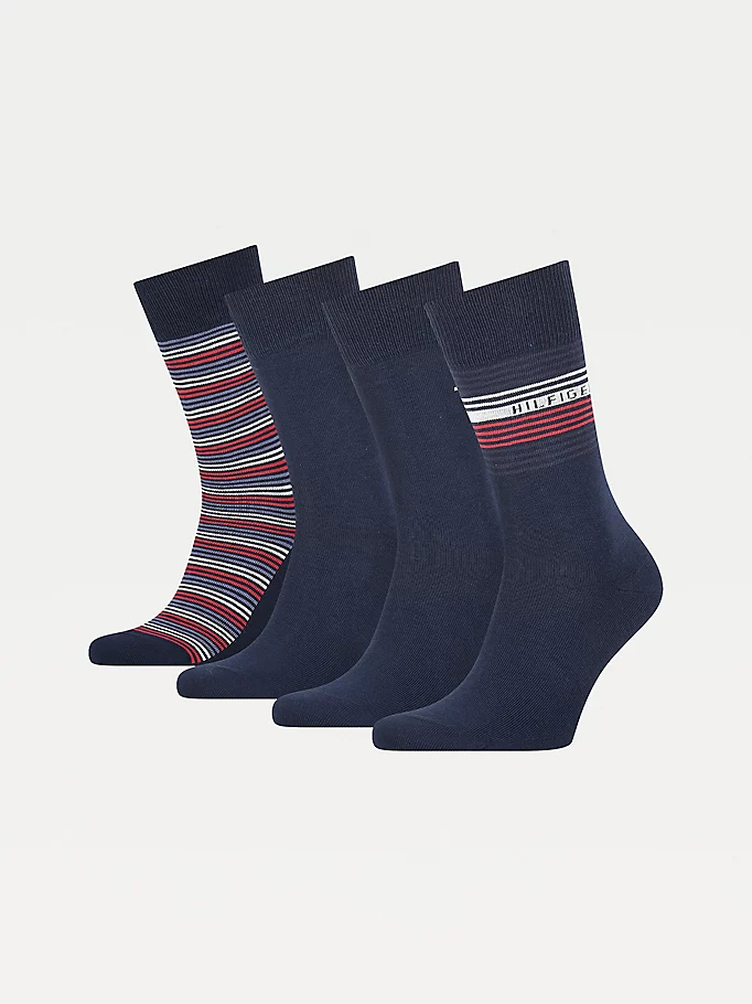 Tommy Hilfiger boxed set of four navy/stripe socks with rib knit cuff and tommy hilfiger branding