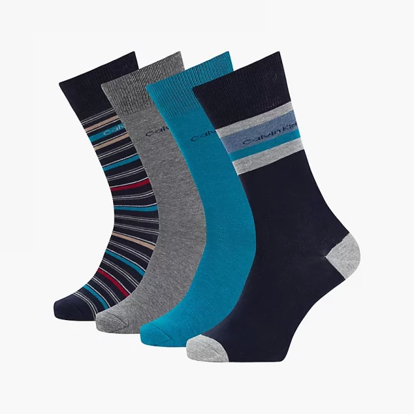 Calvin Klein blue and grey mix box set of four crew socks with calvin klein logo on leg