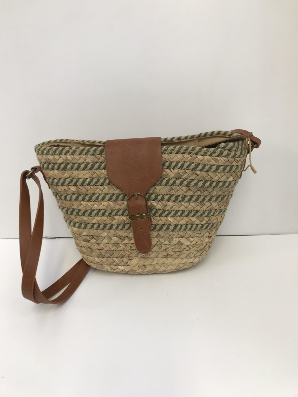 woven natural crossbody bag with olive green inlay stripe