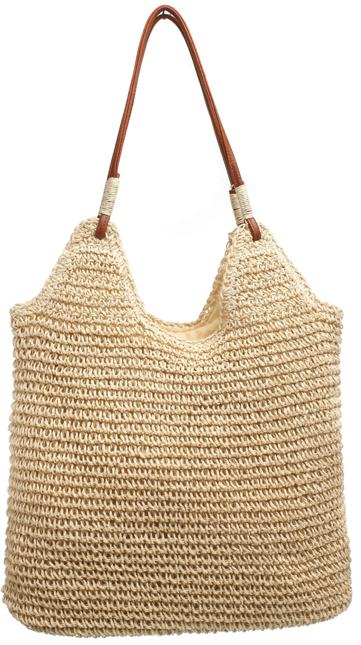 Beige woven bag with brown leather handels and zip