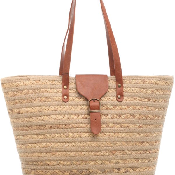 Large basket shopper with brown leather buckle and strap