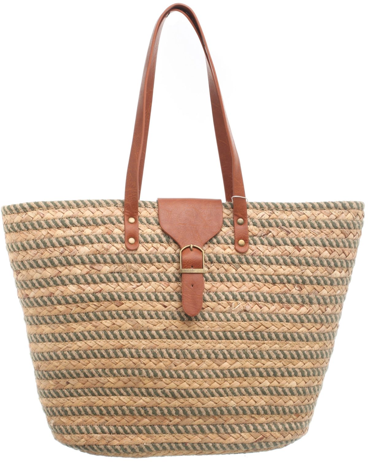 Large basket shopper with zip. brown leather handels and strap