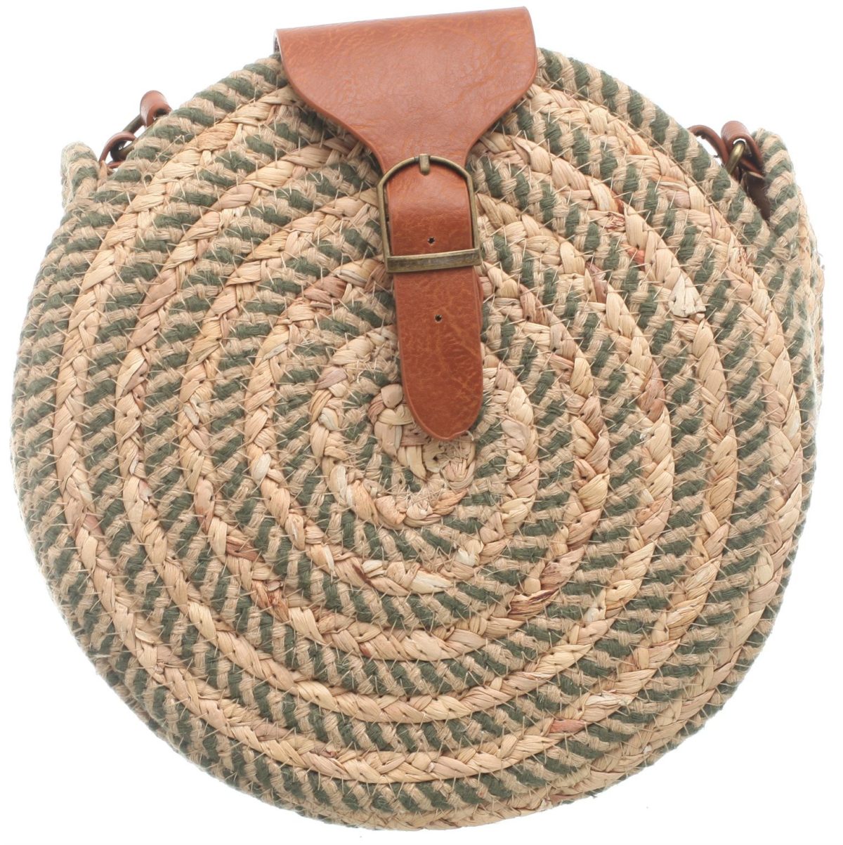 Round woven bag, brown front buckle and long brown strap