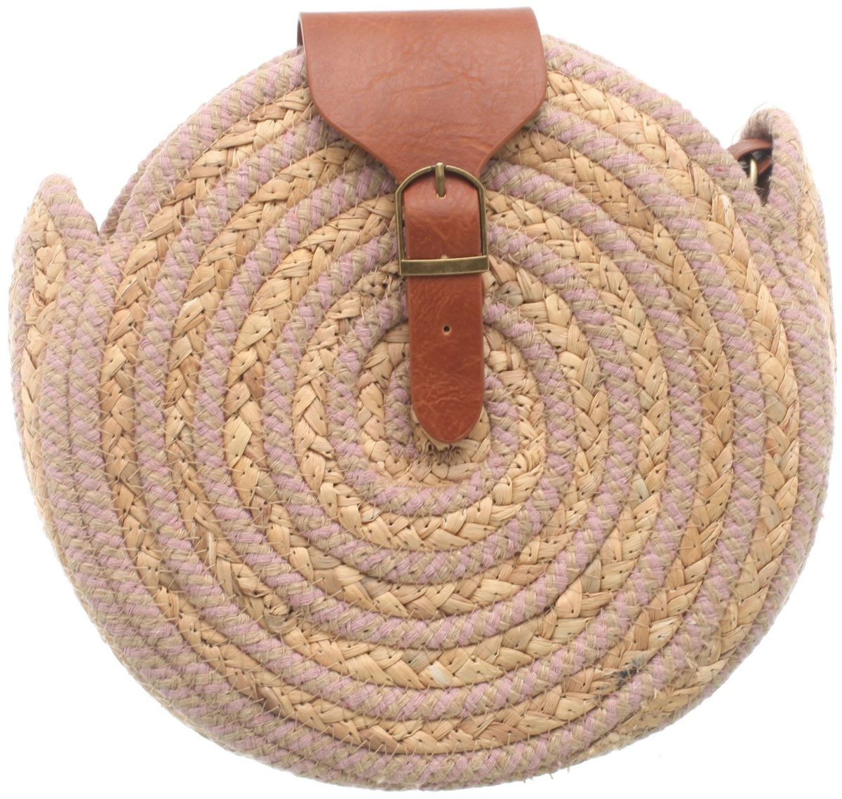 pink and beige round ratan bag, brown handel and long brown leather strap