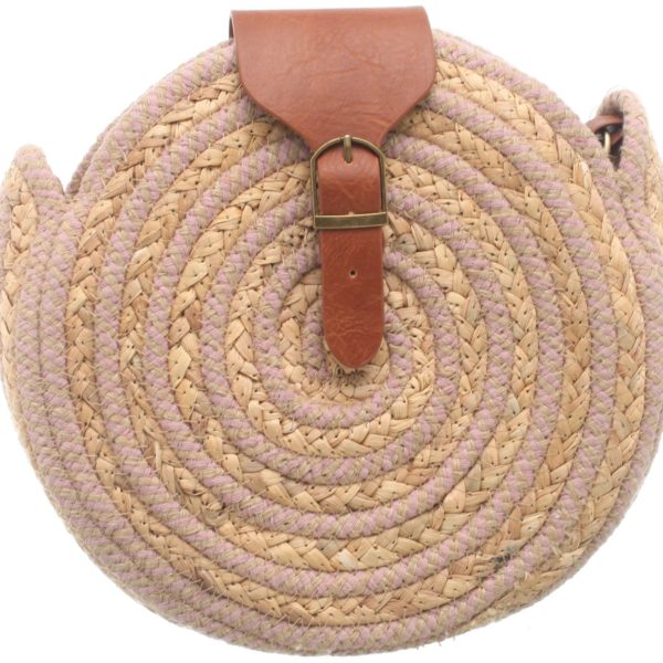 pink and beige round ratan bag, brown handel and long brown leather strap