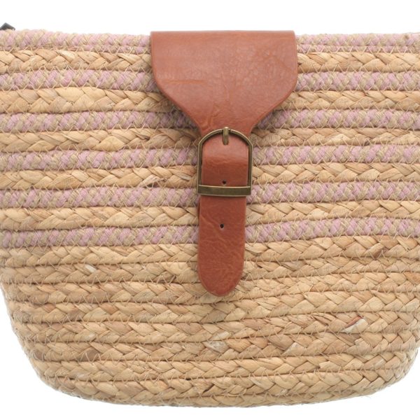 Pink and beige crossbody basket bag with zip an brown leather handels