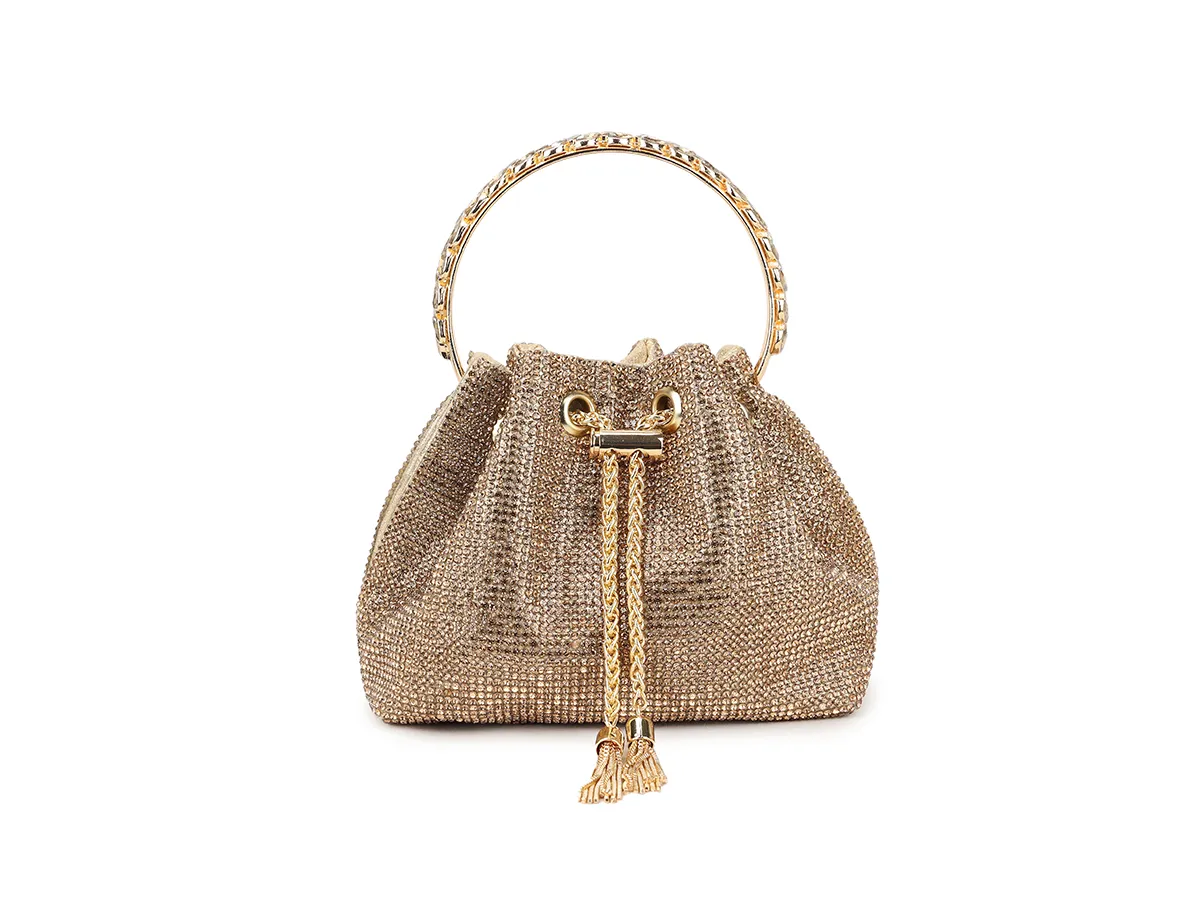 gold sparkle evening bag with ornate wrist handle height 15cm Width 18.2cm Depth 9cm