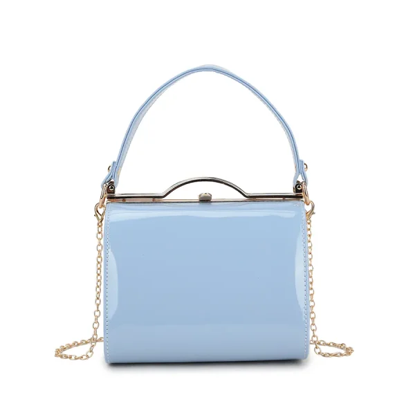 Light blue patent occasion bag with attachable gold chain strap and blue handle strap