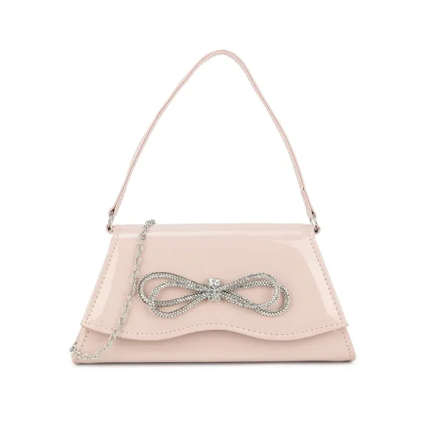 Nude patent occasion bag with silver diamante bow detail on front and silver chain strap. Height 12cm Width 24cm and depth 7cm